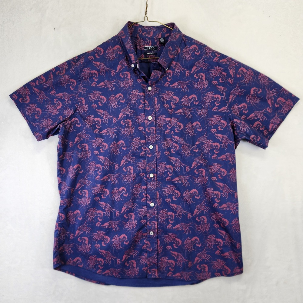 IZOD Mens XL Lobster Print Button Down Shirt Navy‎ Blue Pink Stretch Poplin SS